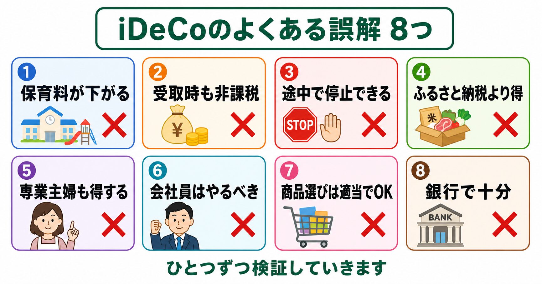 iDeCoのよくある8つの誤解一覧（保育料・受取時非課税・途中停止・ふるさと納税比較・専業主婦・会社員必須・商品選び・銀行系）