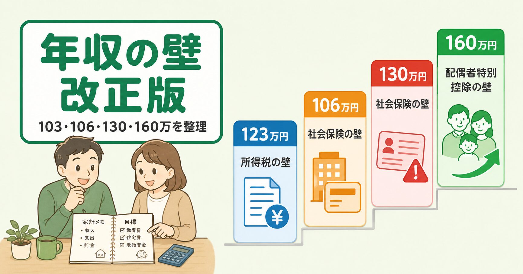 年収の壁改正版を示すアイキャッチ画像。103・106・130・160万円の4つの壁を共働きパパが整理。