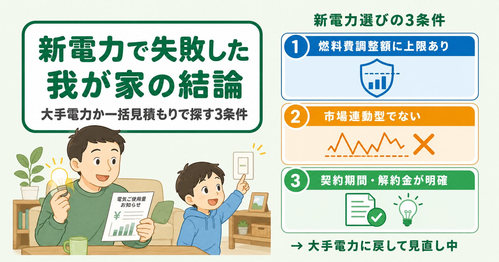 新電力で失敗した我が家の結論を示すアイキャッチ画像。大手電力と一括見積もりで探す3条件（燃料費調整額に上限あり・市場連動型でない・契約期間と解約金が明確）を共働きパパが解説。