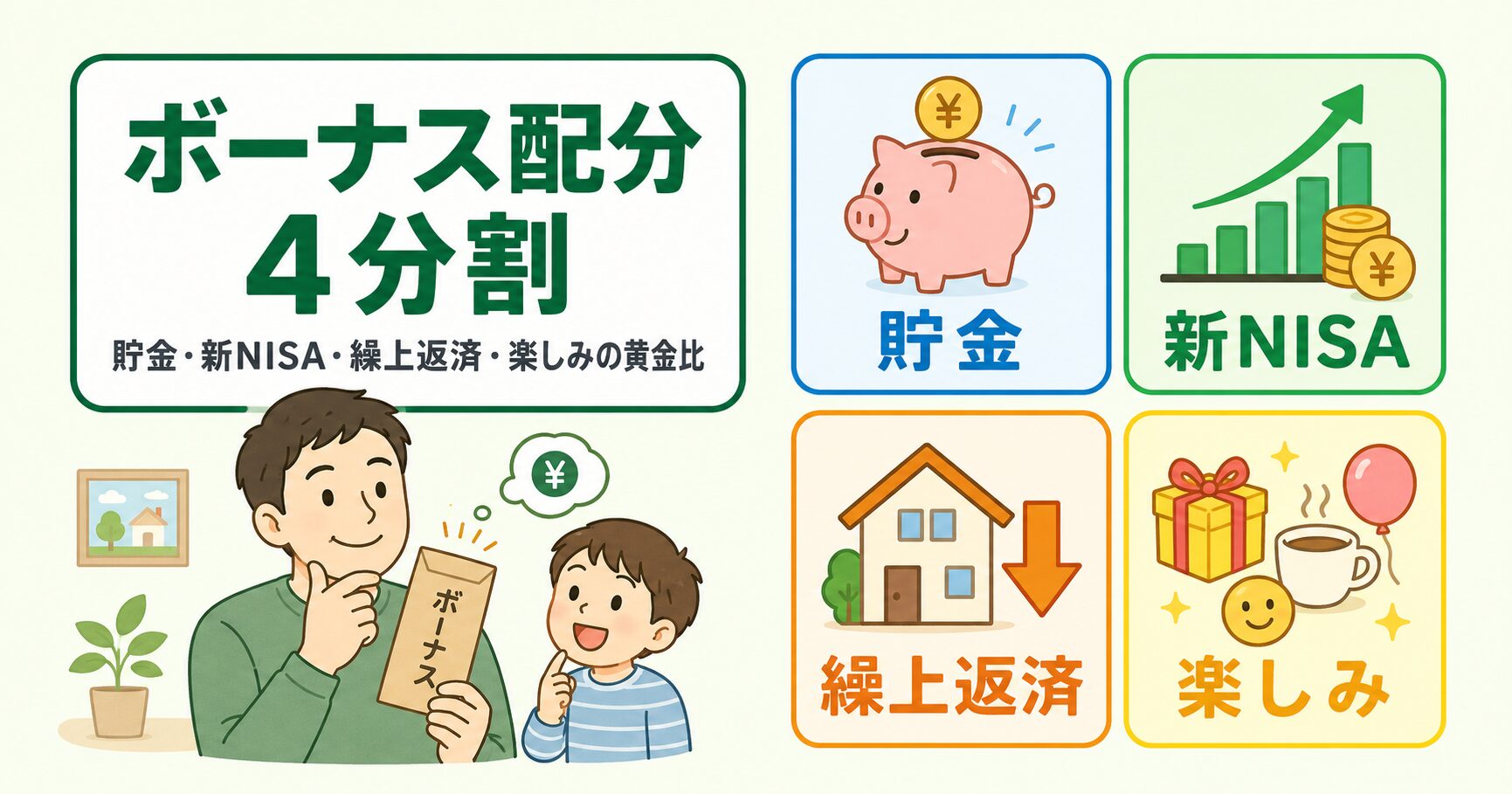 共働きパパのボーナス配分4分割｜貯金・新NISA・繰上返済の黄金比