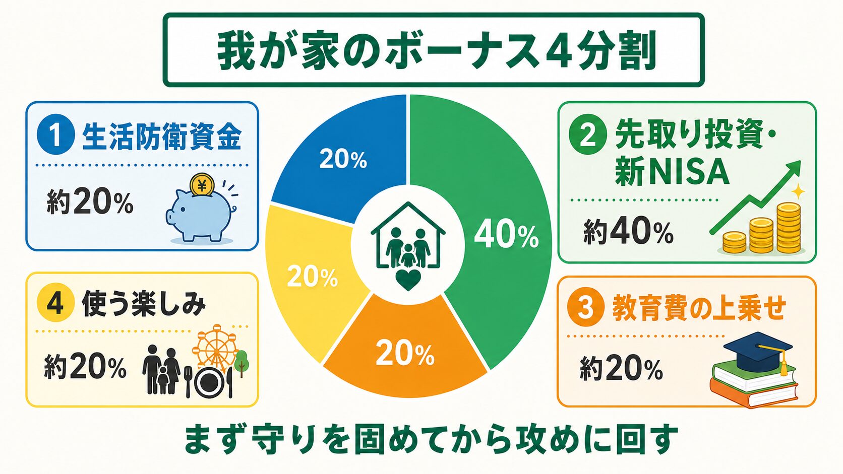 ボーナスを生活防衛資金・新NISA・教育費・使う楽しみの4つに分ける配分図
