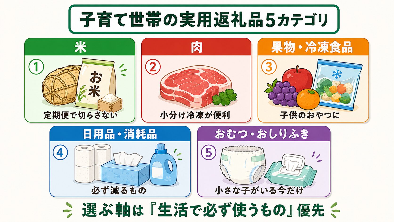 子育て世帯におすすめのふるさと納税返礼品5カテゴリ：米・肉・果物冷凍食品・日用品・おむつ