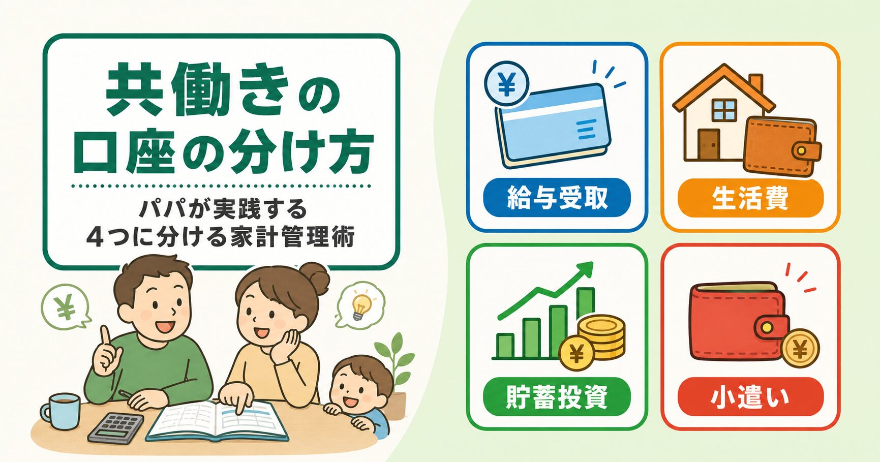 共働き夫婦の家計をメイン口座1つに集約し目的別口座で分ける家計管理術をパパ目線で示すアイキャッチ画像