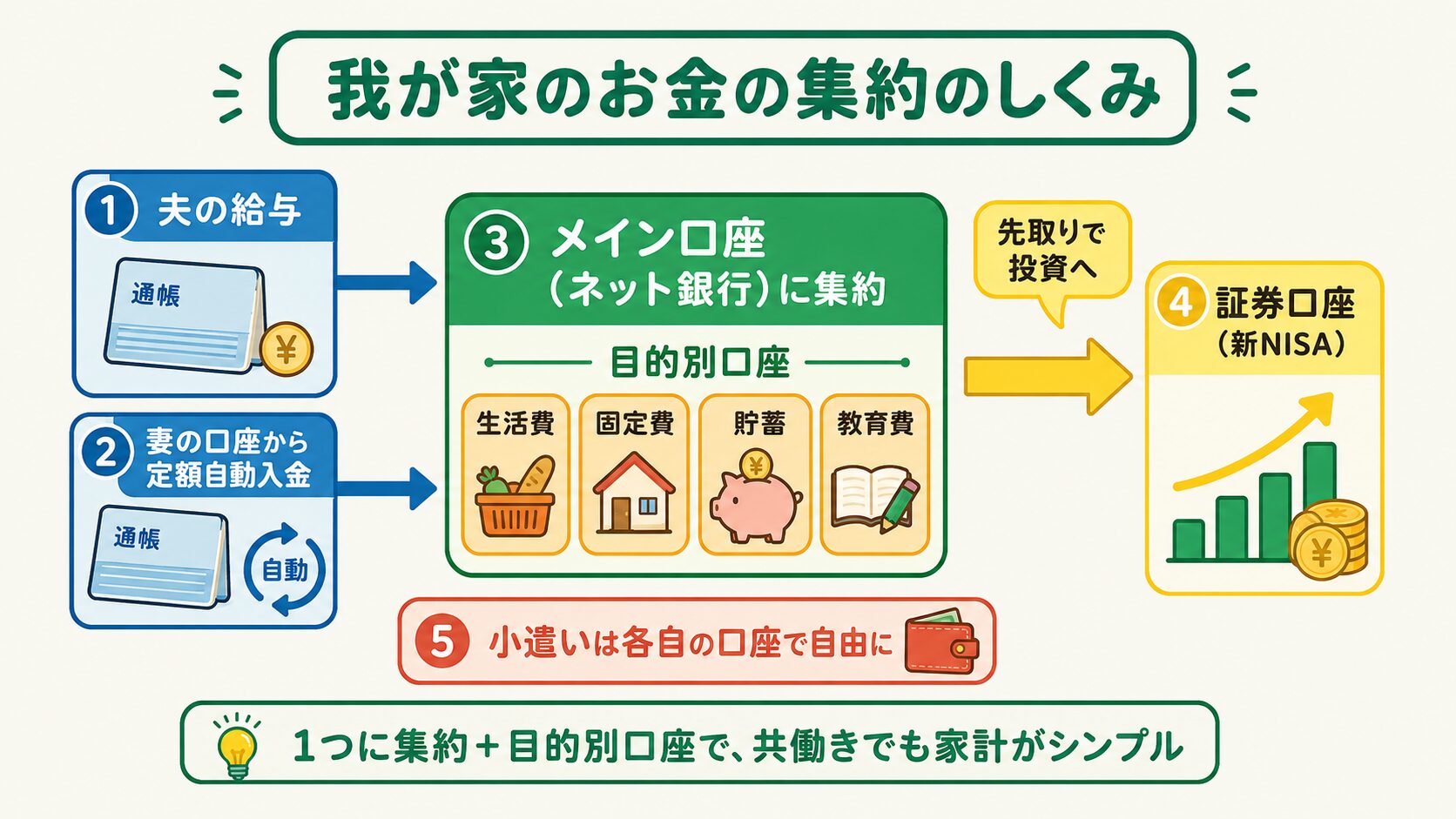 共働き家庭のお金を1つのネット銀行に集約し目的別口座で分けて一部を新NISAに回すしくみの図解