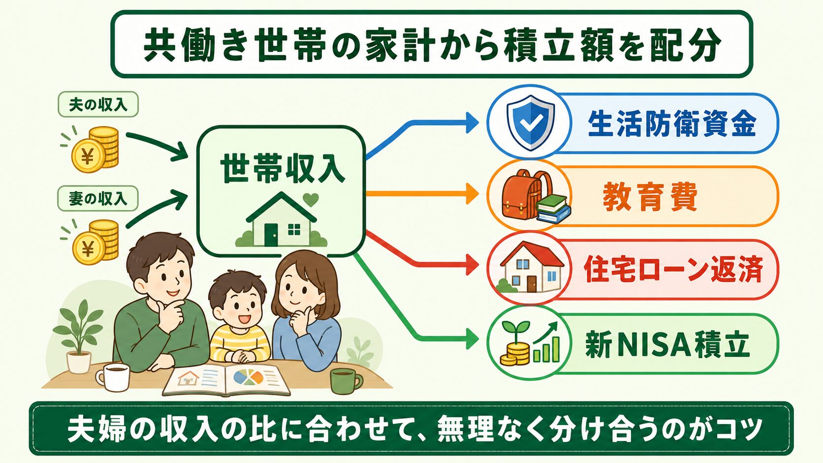 共働き世帯の収入を生活防衛資金・教育費・住宅ローン返済・新NISA積立の4つに色分けして配分する考え方を示した図解