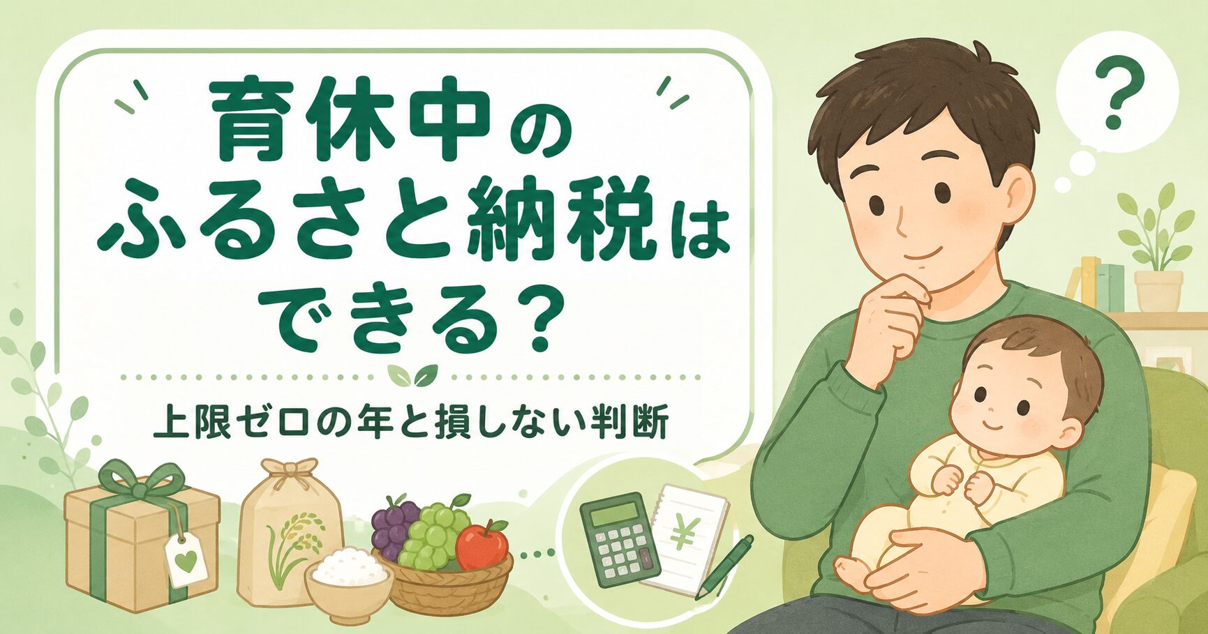 育休中のパパが赤ちゃんを抱っこしながらふるさと納税をやるべきか考えるイラスト