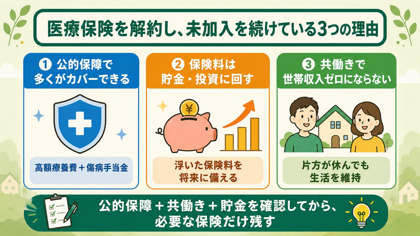 医療保険を解約し未加入を続けている3つの理由：公的保障で多くがカバーできる・保険料は貯金と投資に回す・共働きで世帯収入ゼロにならない