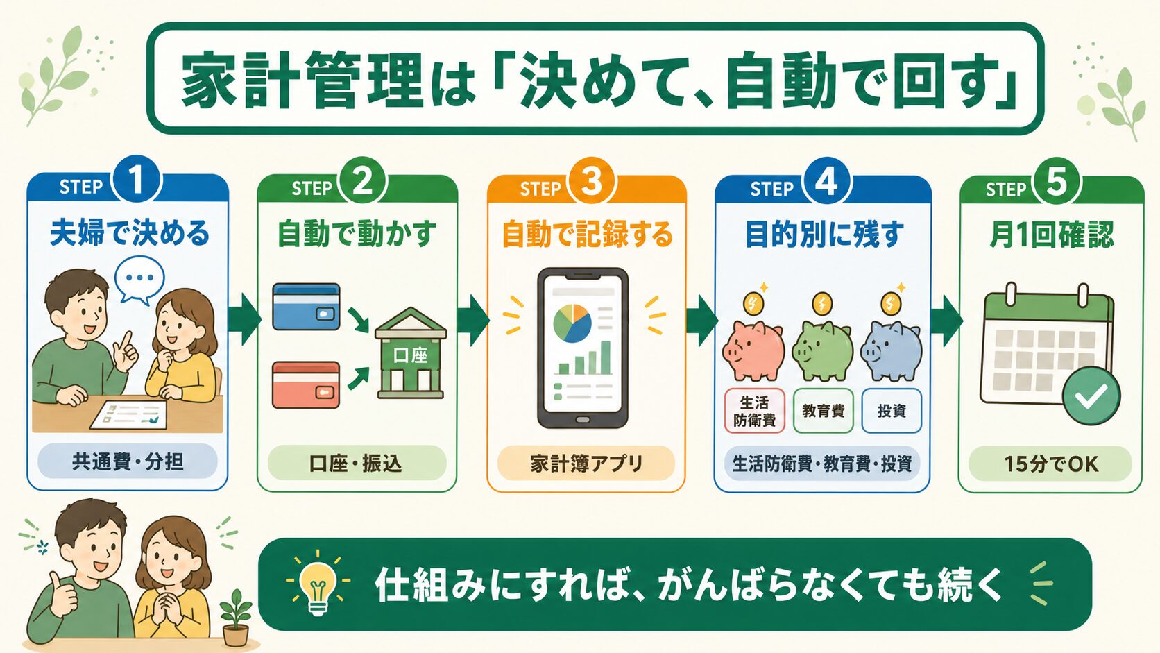 家計管理は決めて自動で回す：夫婦で決める→自動で動かす→自動で記録する→目的別に残す→月1回確認の5ステップ