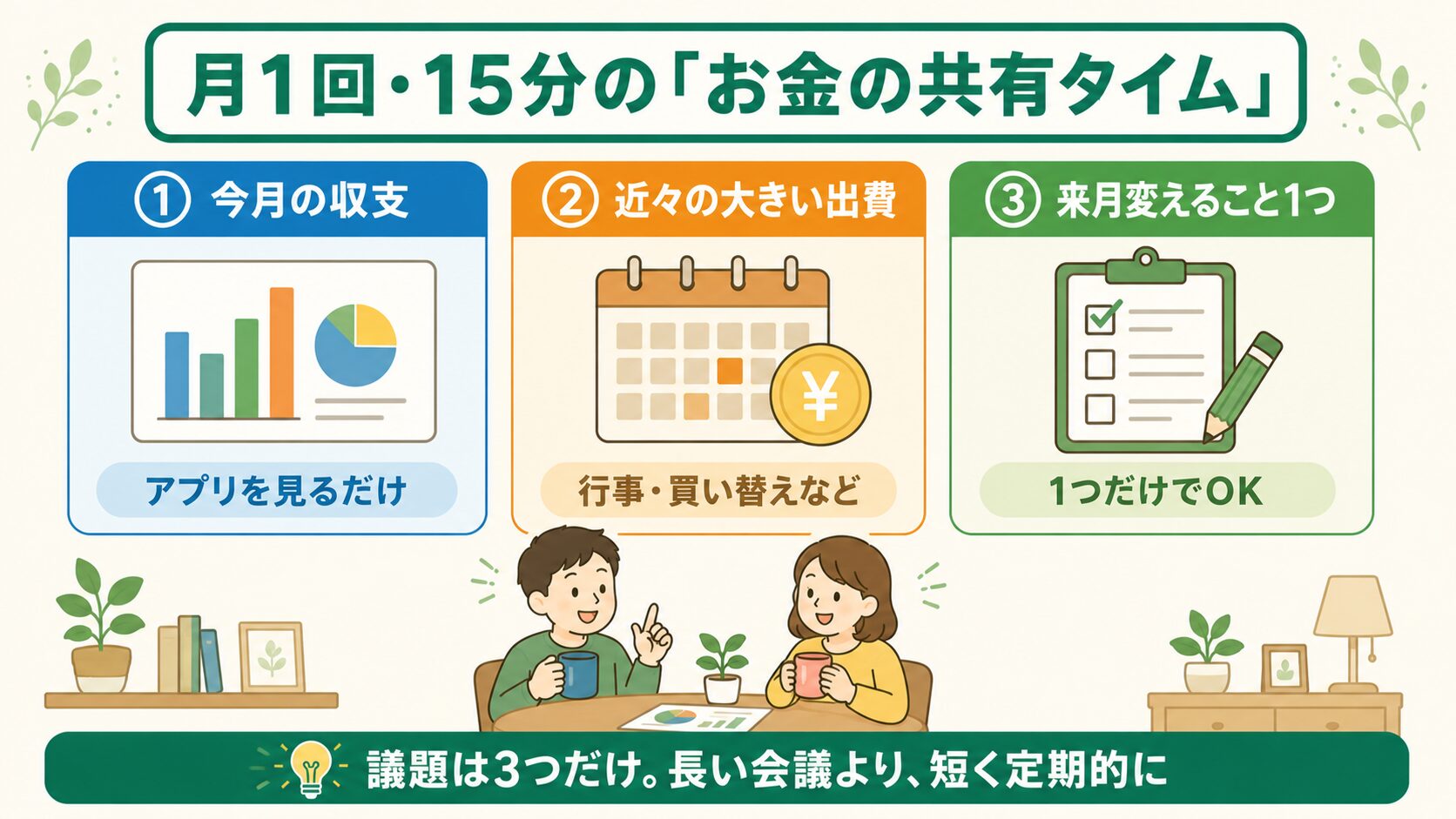 月1回15分のお金の共有タイム：今月の収支・近々の大きい出費・来月変えること1つの議題3つ