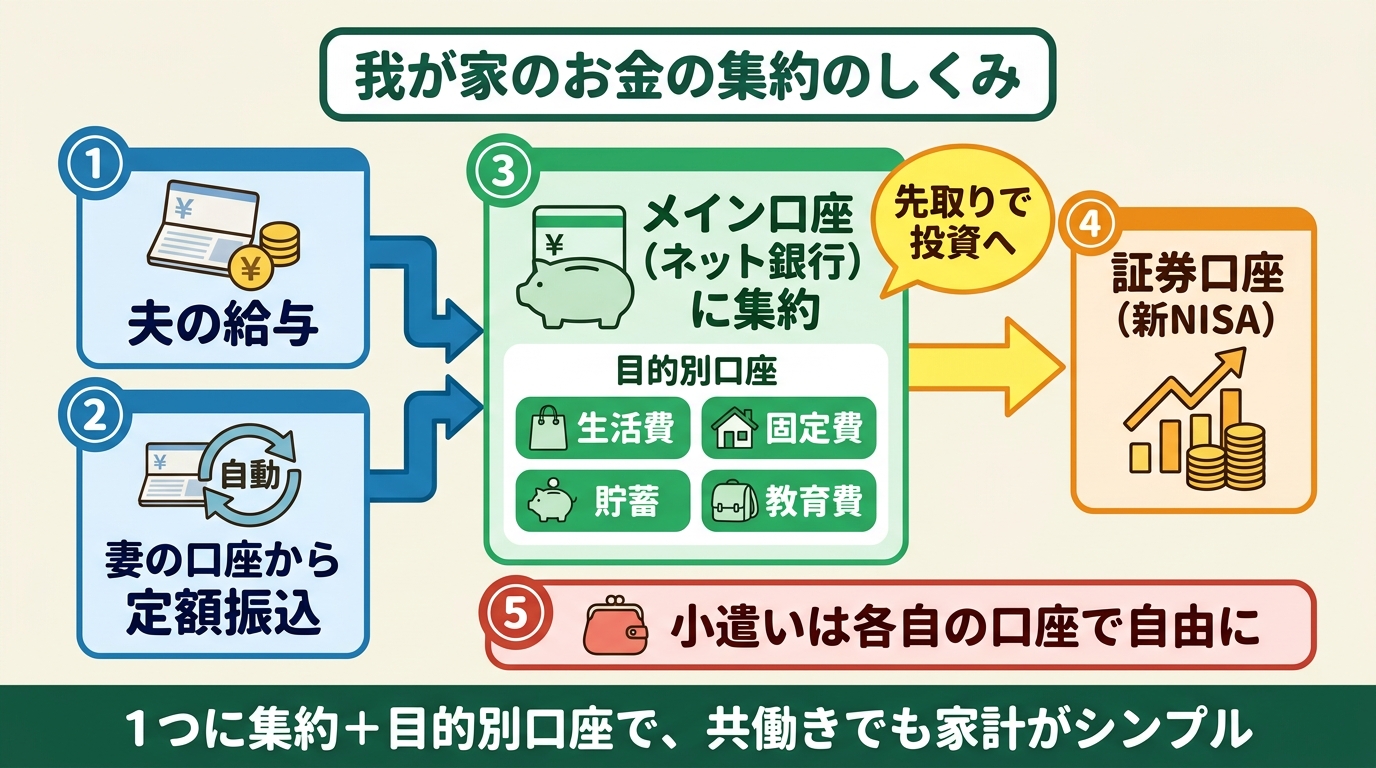 共働きだったころの我が家のお金の流れ。妻の口座からの定額振込も含めてネット銀行1つに集約し、目的別口座で分けて一部を新NISAに回すしくみの図解