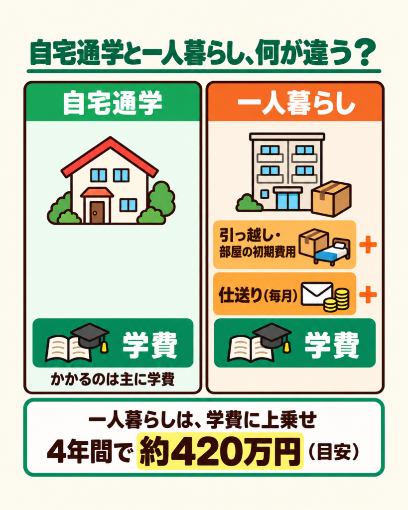 大学の自宅通学と一人暮らしで4年間の費用がどれだけ変わるかを比べた図