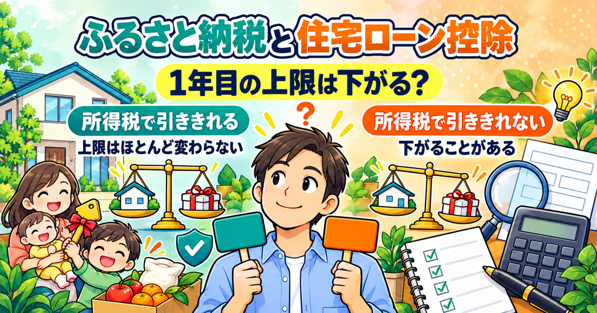 ふるさと納税と住宅ローン控除1年目｜所得税で引ききれる家庭は上限がほとんど変わらず、引ききれない家庭は下がることがある